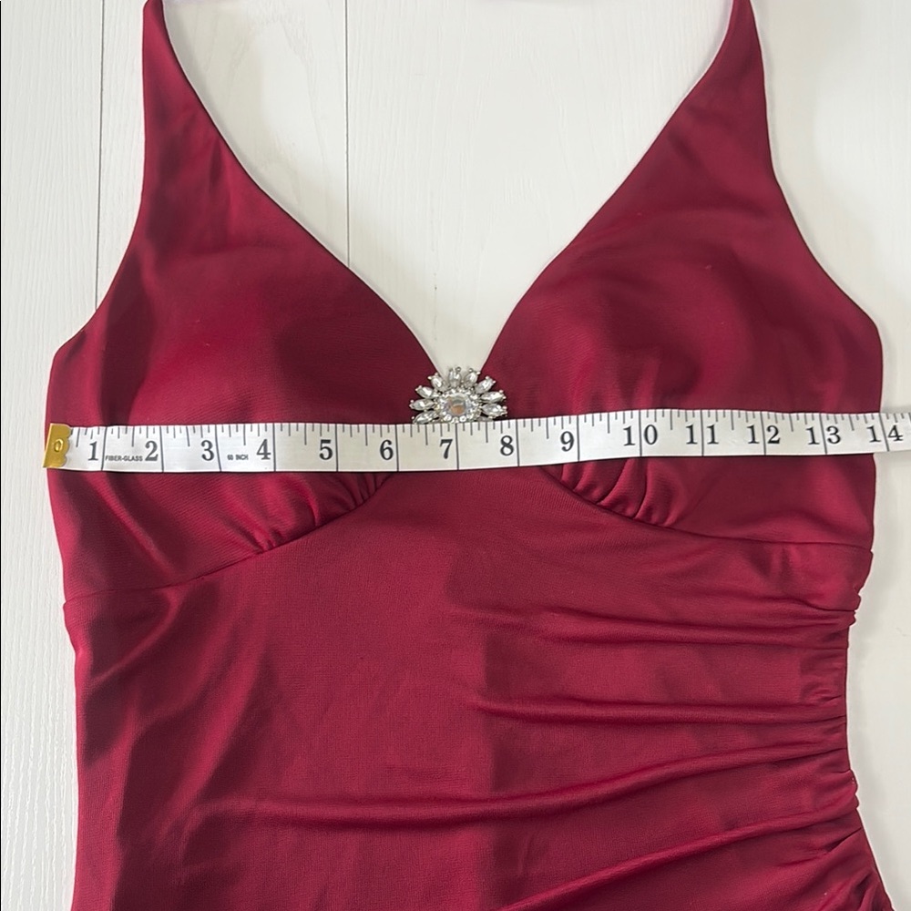 Y2K 2000s Party Dress Burgundy Halter Ruffle Asymmetrical Tiered Size Medium - Picture 7 of 11